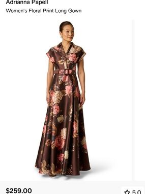 Adrianna Papell Chocolate Brown Floral Collared Maxi Dress with Belt
